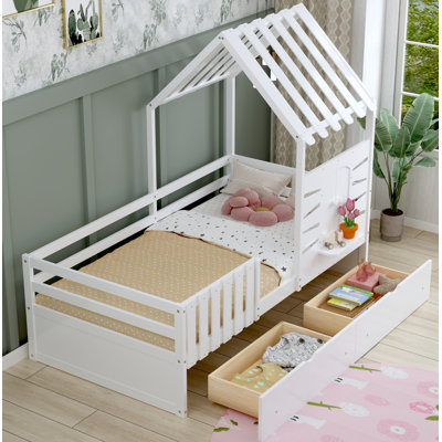 Cadres de lit simple pour enfants, lit simple avec 2 tiroirs de rangement et garde-corps, lit de jeu avec toit et fenêtre, lit en bois pour filles et garçons, aucun sommier nécessaire