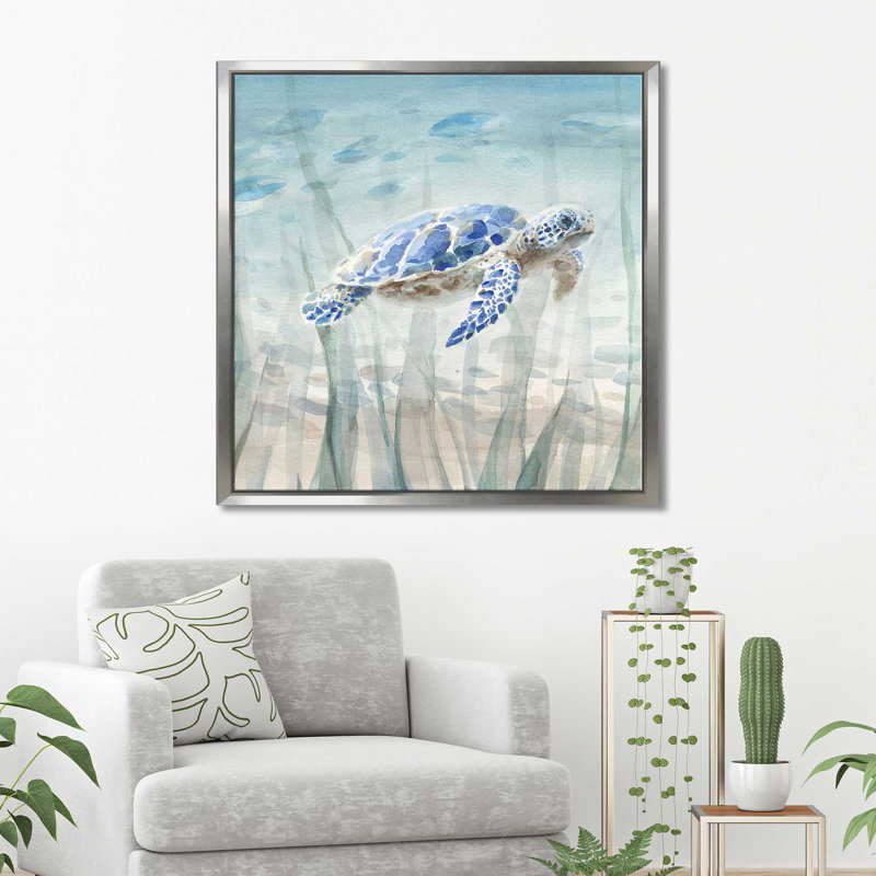 Tortue sous-marine (carré) par Danhui Nai, reproduction, Cadre flottant argent, H 39,5 po x l 39,5 po x P 2 po