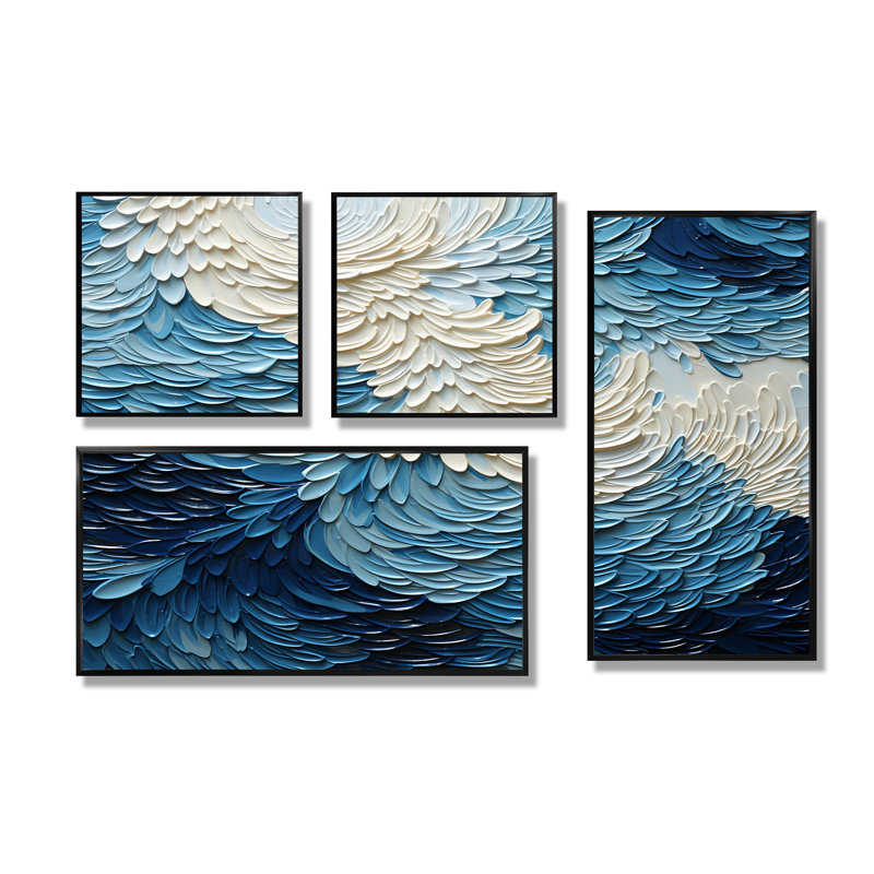 Vagues modernes bleues et blanches de la côte III - impressions sur toile 4 pièces, Impression encadrée sans passe-partout