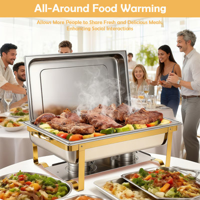  4 Pack Chafing Dish Buffet Set with 4 Food Tongs, 9QT Rectangular Semi-Gold-Plated Stainless Steel Chafing Dish Set, Buffet Warmer for Hotel Catering, Parties, Weddings, Gold
