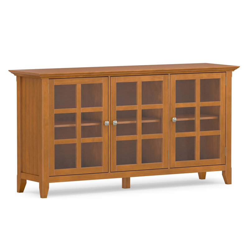Acadian 62"W Solid Wood Transitional Storage Cabinet with Glass Doors and Adjustable Shelves, Light Golden Brown
