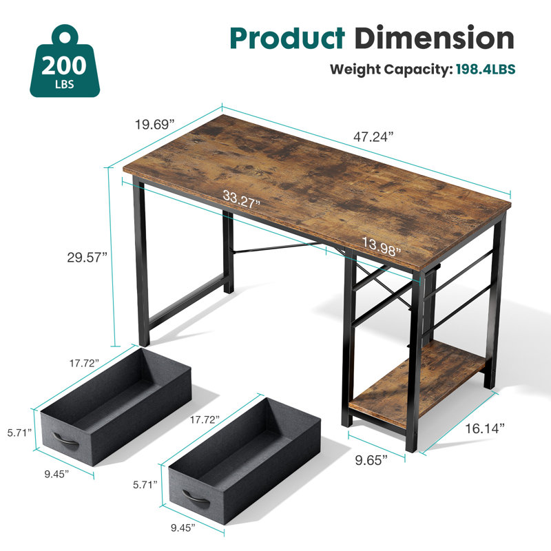 Bureau d'écriture avec 2 tiroirs Norrington, Brun rustique, H 29,3 po x l 47 po x P 23,6 po