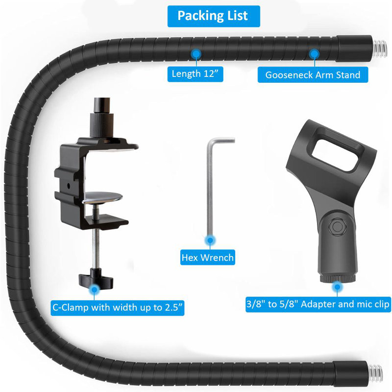 Support de microphone long Support de micro à col-de-cygne robuste de 12 po avec support de micro réglable et support pour micro Support de micro flexible sur pied Podium pour bureau de voyage (noir) par Auray