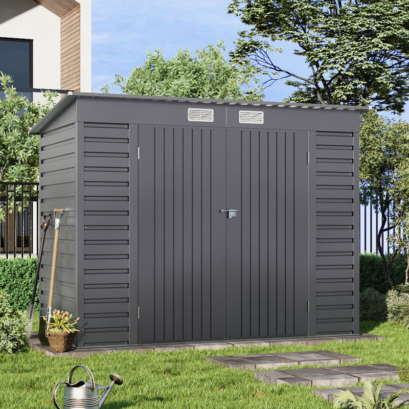Outdoor Galvanized Steel Storage Shed with Dual Doors, Grey