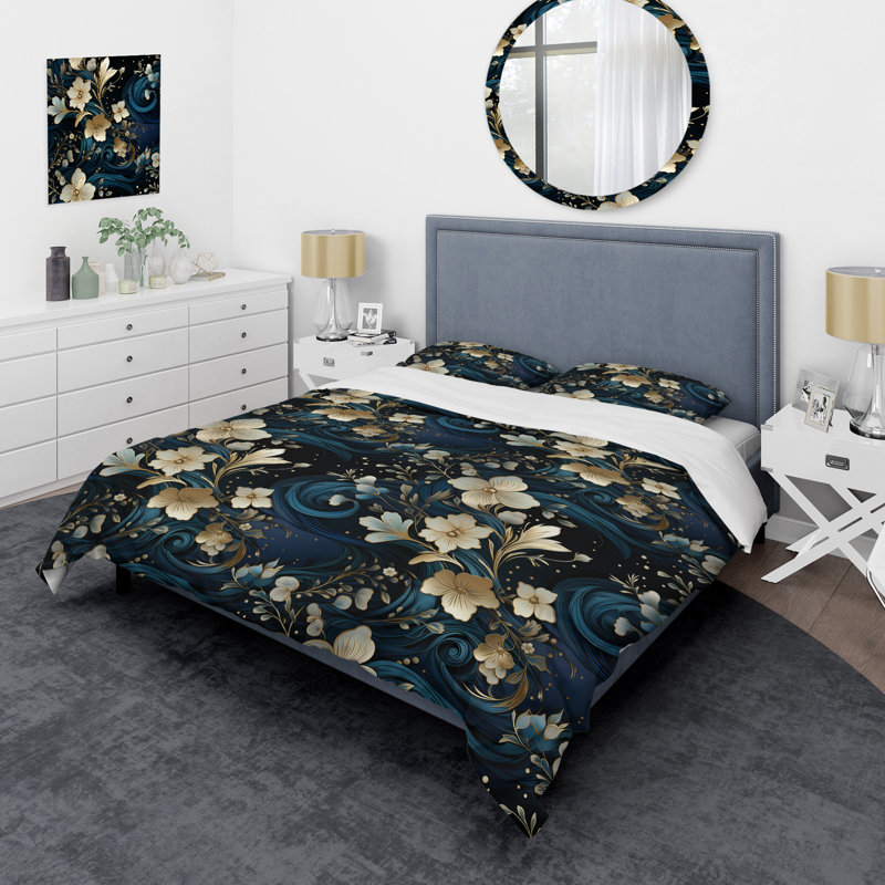 Ensemble de housse de couette Midnight Blue And Golden Floral, Housse de couette pour très grand lit et 2 très
