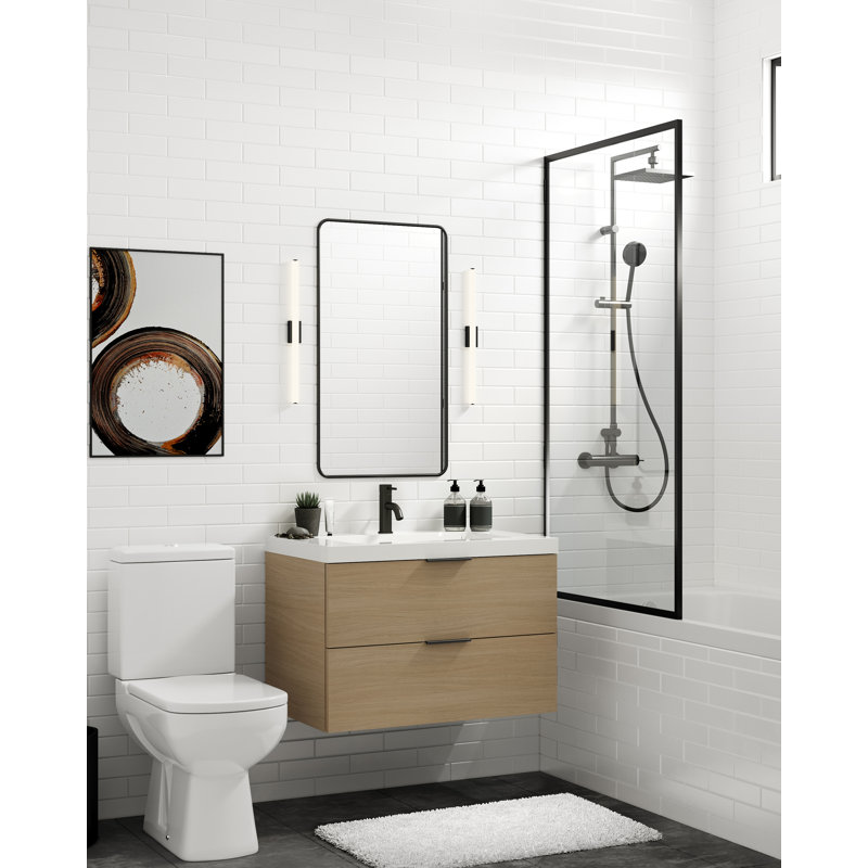 Avila 30" W Wall Mounted Single Bathroom Vanity, Gloss White/8" Widespread, Nocino, Satin Brass