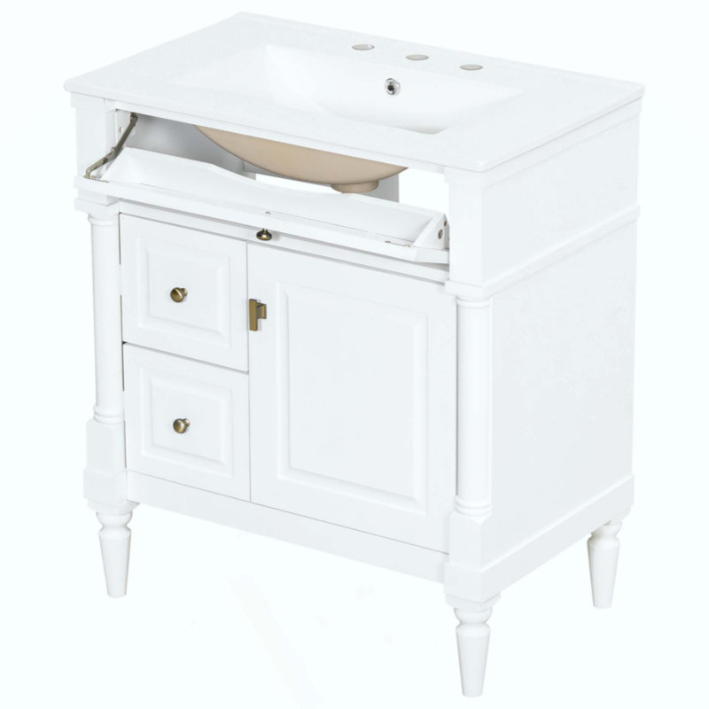Meuble-lavabo autoportant avec tiroir rabattable et tablette réglable, structure en bois d'hévéa massif, panneaux de fibres à densité moyenne et poignées en métal