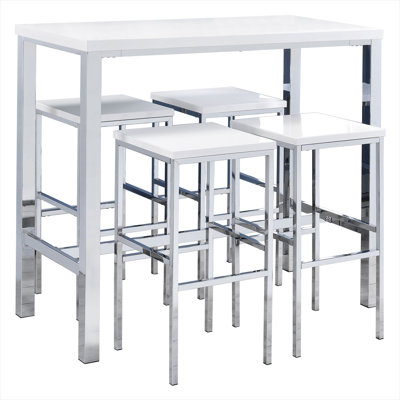 Ensemble de bar 5 pièces à hauteur de pub avec structure en métal chromé et plateau de table blanc brillant classique, 4 tabourets sans dossier pour le divertissement moderne
