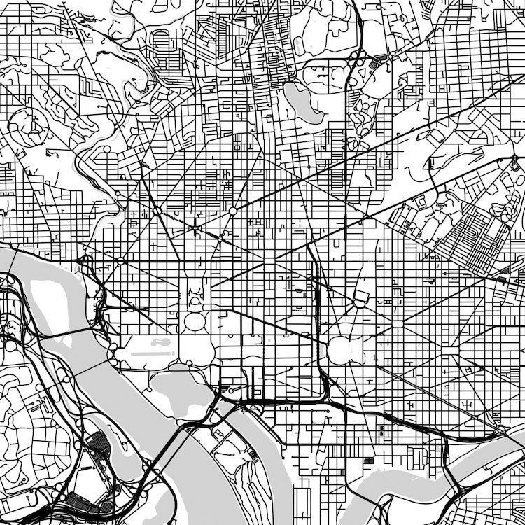 « washington d.c. routes », impression verticale carrée sur toile tendue, H 18 po x l 18 po x P 1,5 po