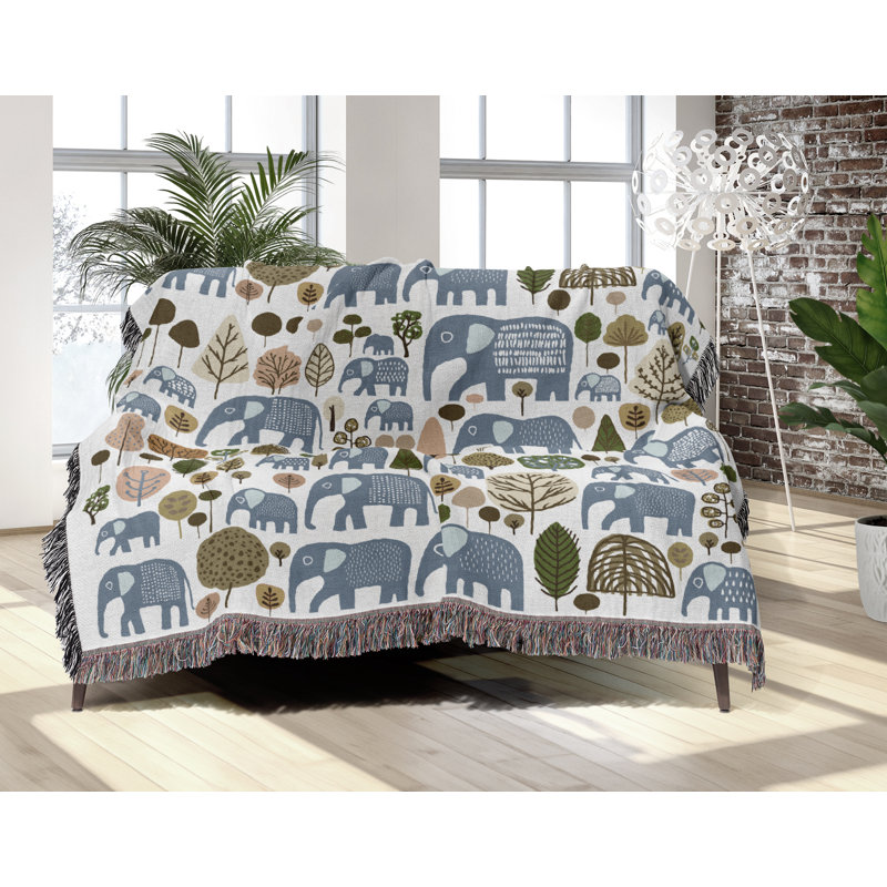 Jeté en mélange de coton Alfie Elephant, Bleu clair / blanc cassé, L 60 po x l 50 po