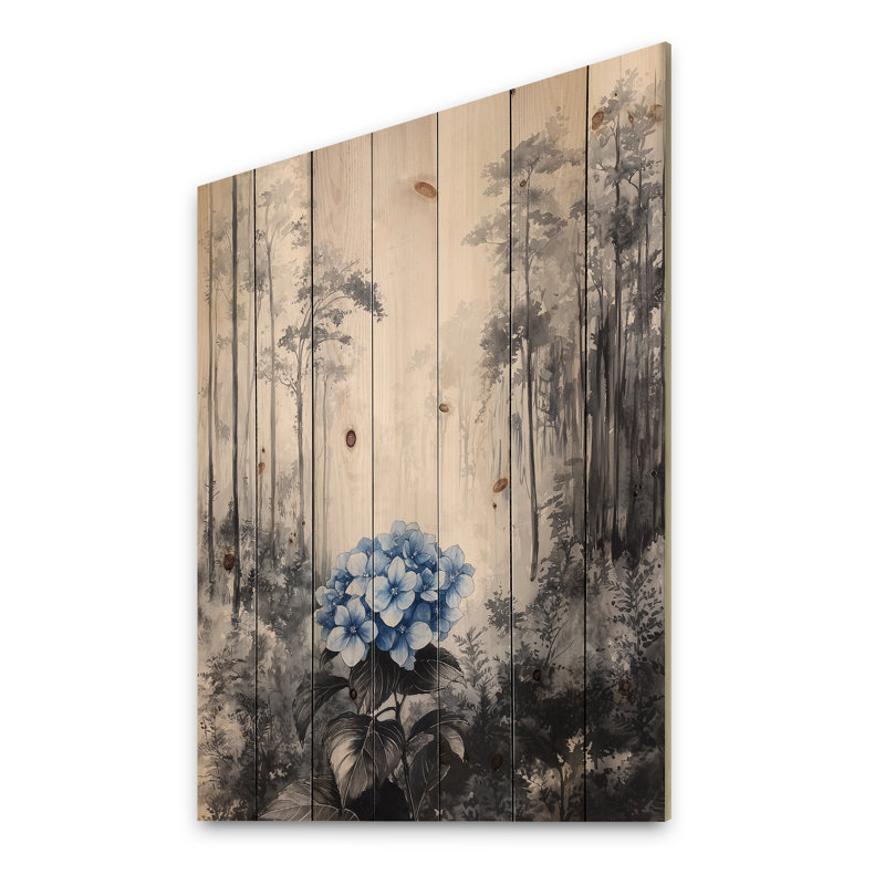 Hortensia dans la forêt monochrome - Art mural bois d'hortensia - sur bois de pin naturel, H 20 po x l 10 po x P 0,78 po