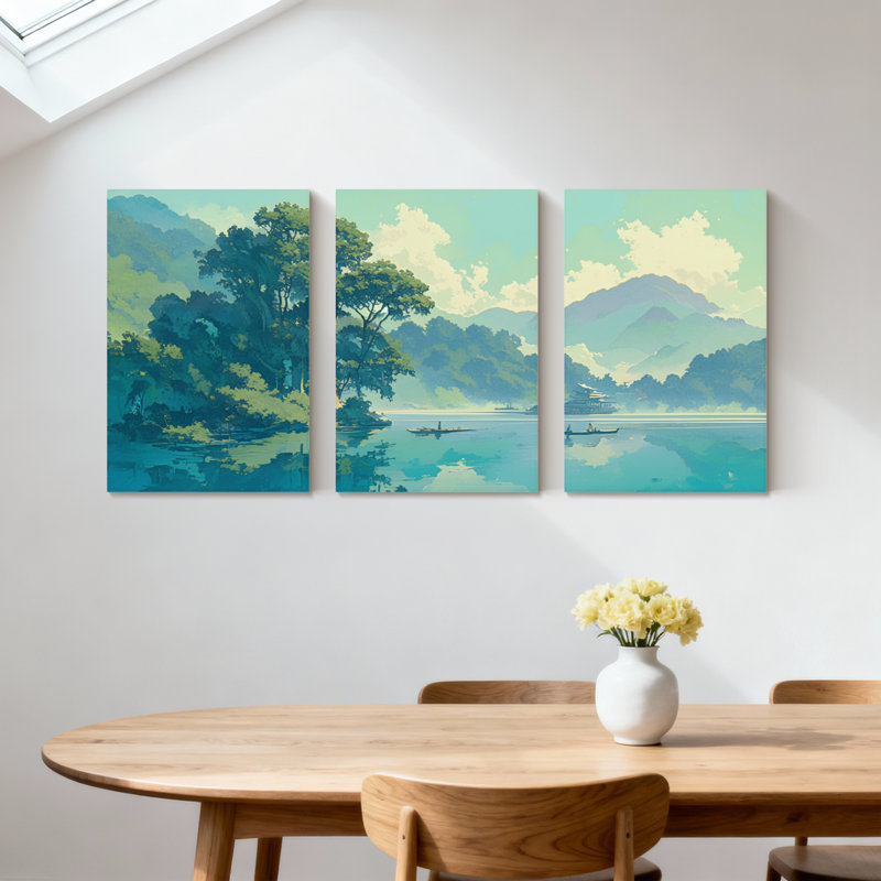 «Landscape & Nature Serene Lake Landscape with Trees and Mountains», ensemble de 3 impressions sur toile, H 24 po x l 48 po