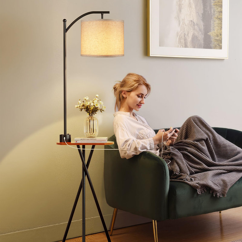 Floor Lamp With Table, End Table Lamp With Remote Control And Charging Station(USB A & Type-C & AC Port), 4 Color Temperatures, Floor Lamps,Black