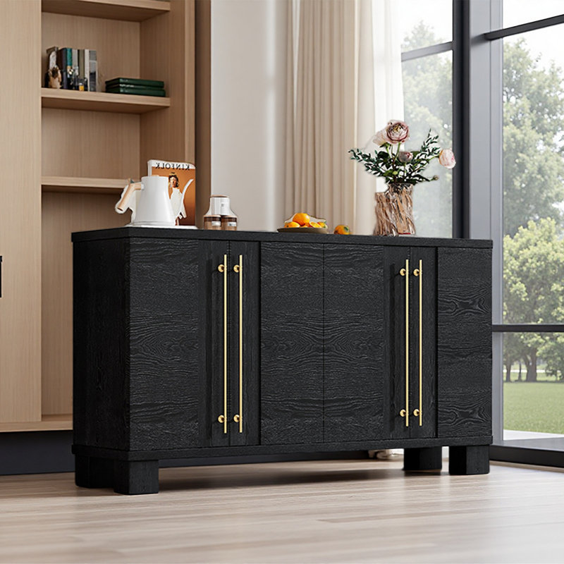 Buffet avec rangement, buffet en bois avec tablettes réglables et poignées dorées, Noir