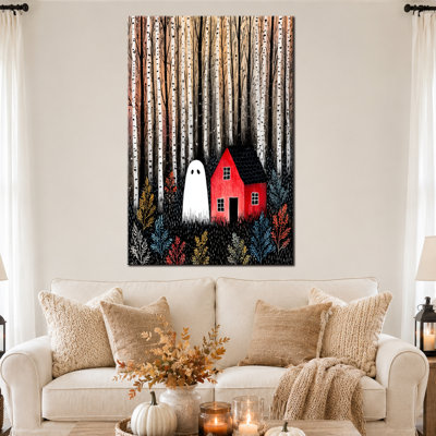 Automne, art mural d'Halloween, images fantômes, peinture murale, maison rouge, peinture fantôme d'Halloween, art mural sur toile d'Halloween pour ferme gothique, art mural fantôme, décoration d'automne effrayant pour le salon, le vestibule, la chambre à coucher 24 po x 36 po