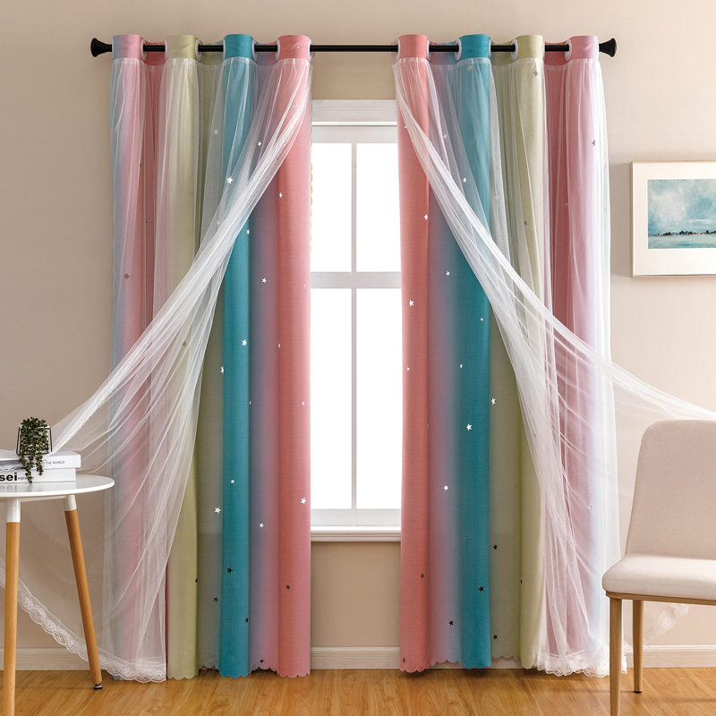 Rideaux arc-en-ciel pour chambre d'enfant - occultant, 1 panneau avec décalcomanies murales licorne, Rose / gris / bleu