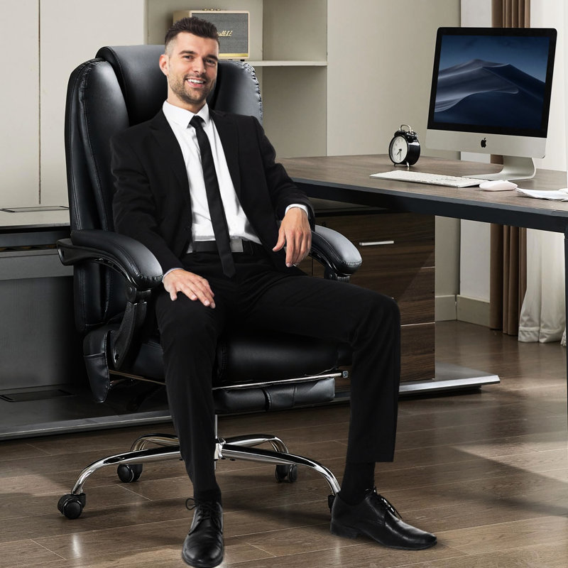 Chaise de bureau avec fonction chauffante et de massage - repose-pieds rétractable, rotation à 360 °, soutien lombaire en tissu respirant, repose-pieds, revêtement en cuir noir