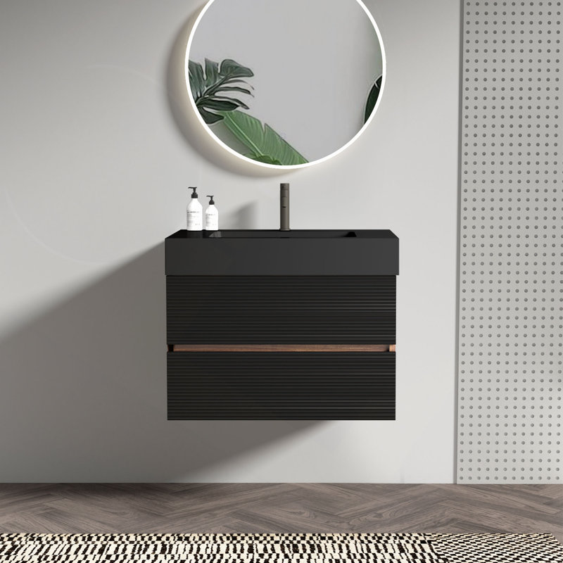 Meuble-lavabo de 30 po avec lavabo à quartz et tiroirs souples, meuble-lavabo mural flottant pour salle de bain moderne, lavabo une pièce