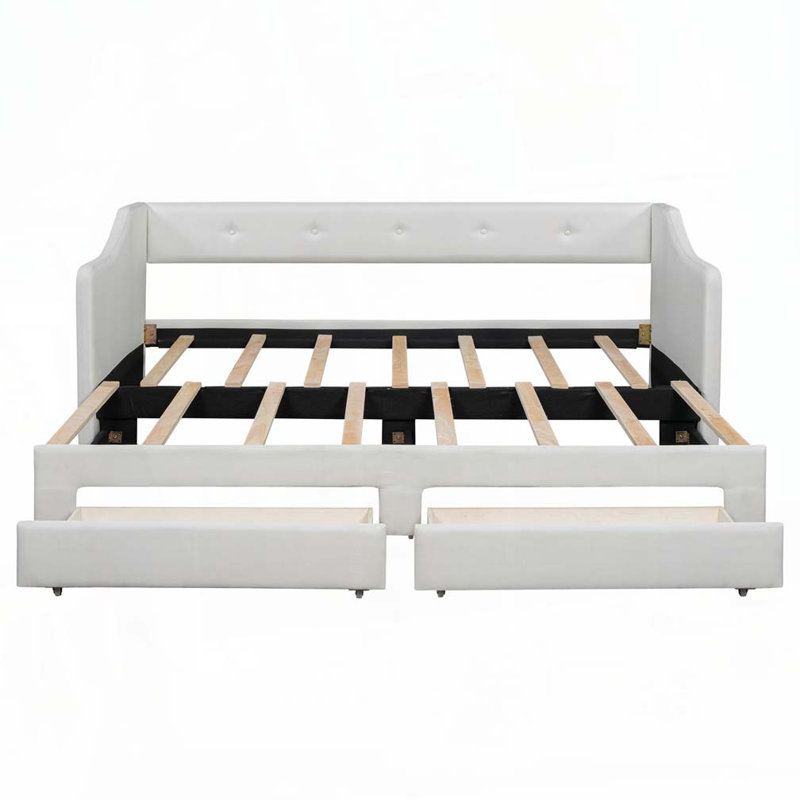Extendable Upholstered Daybed with Two Drawers, Beige