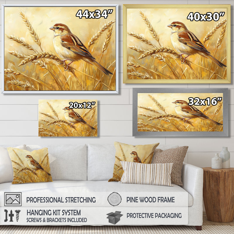 Oiseau moineau dans le champ de blé III - grand oiseau, art mural, H 12 po x l 20 po, Cadre simple, Doré