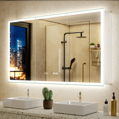 54X30" LED Medicine Cabinet With Double Lights-Front & Backlit, 155°Soft-Close Hinge, Dimmable Lights, Outlet, Clock & Sensor Light, Anti-Fog, Side Mirrors