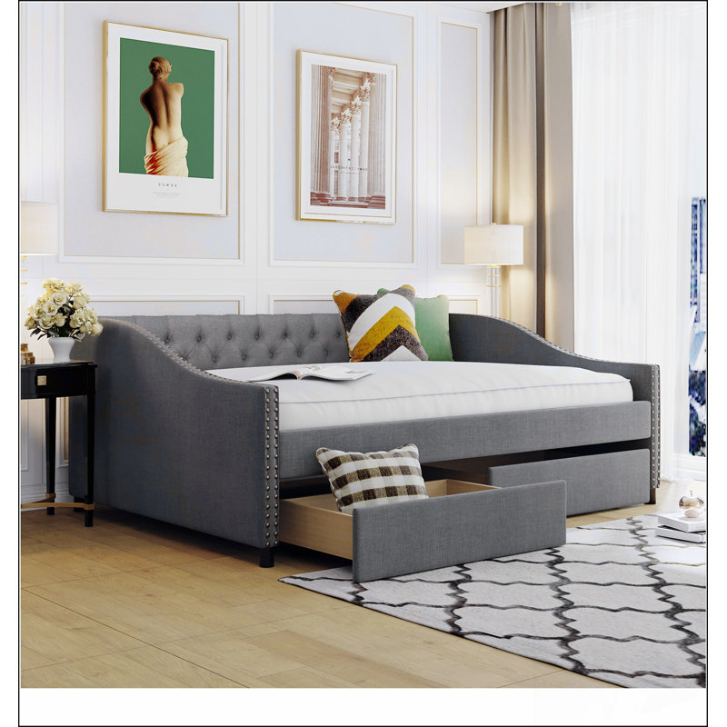 Upholstered Daybed With Two Drawers, Wood Slat Support, Full