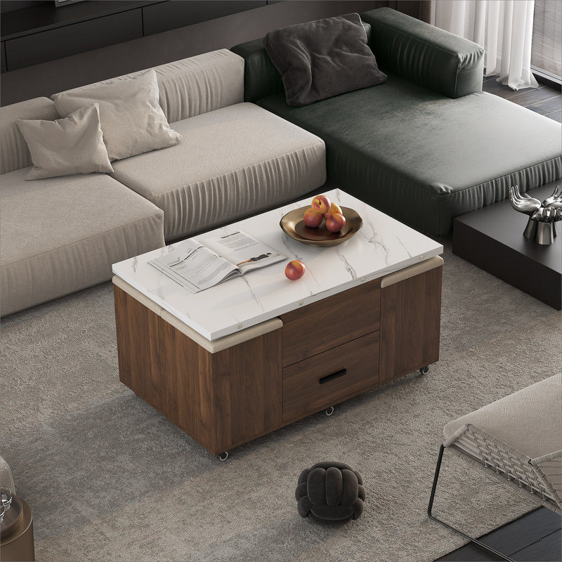 Table basse relevable moderne avec 4 tabourets pour le salon Table de salle à manger extensible 1 rangement caché + 2 tiroirs peu encombrants