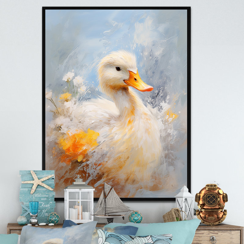 Canard blanc et jaune, élégance à plumes - Art mural animal canard, Cadre flottant noir, 44" H x 34" W