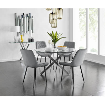 Tierra Modern Metal & Glass Round Dining Table Set with 4 Luxury Velvet Dining Chairs