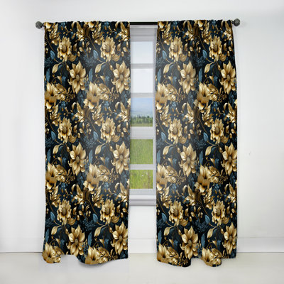 Dark Blue And Golden Gilded Damask Glamour IV - Damask Curtain - Room Darkening Curtain - 1 Panels