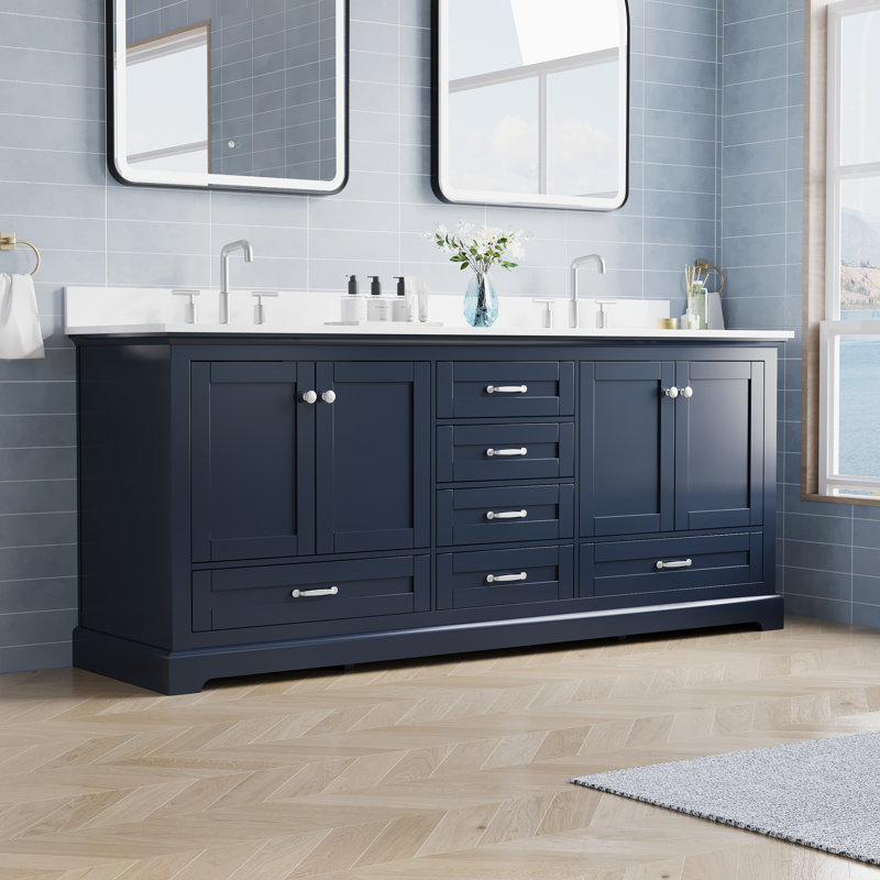 80''W Solid Wood Frame Bathroom Vanity With Pure White Culutered Marble Countertop And Double Sink, Navy Blue