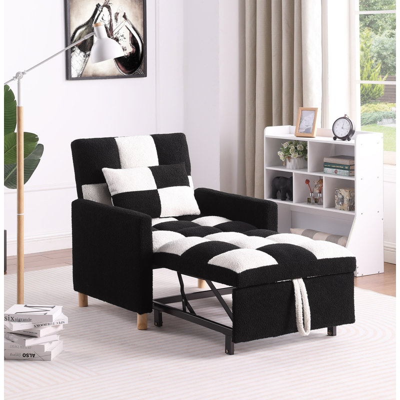 Convertible Sleeper Sofa Chair Pull Out Couch Small Couch Small Sofa With a Pillow, Black/White Teddy