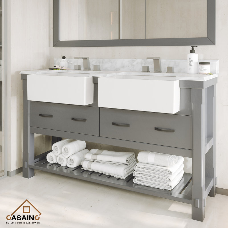 Gray and White Marble 60" Freestanding Solid Wood Bathroom Vanity