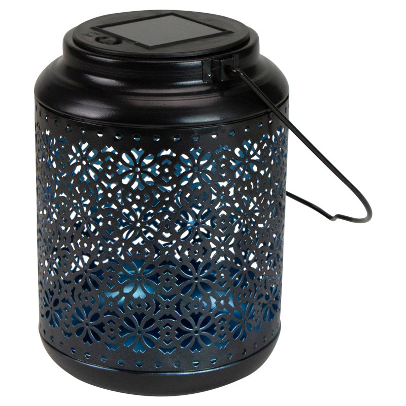 7" Black Floral LED Solar Outdoor Lantern with Handle