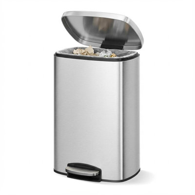 13 Gallon Stainless Steel Kitchen Trash Can with Lid, Large Rustproof Step-on Metal Trash Bin with Inner Bucket, Rear Handle, and Soft Close Lid, Durable and Stylish Garbage Can for Kitchen Use