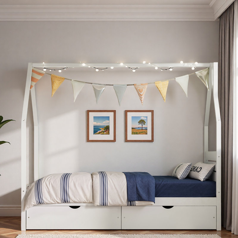 Lit en bois en forme de maison avec 2 tiroirs de rangement, support dorsal fiable et conception de toit adorable, Full, White