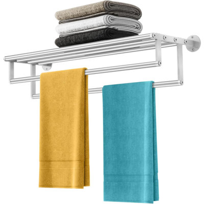 Porte-serviettes double pour porte-serviettes de salle de bain avec tablette, barres à serviettes doubles de 24 pouces, porte-serviettes mural pour salle de bain, tringle à serviettes en acier inoxydable (nickel brossé)
