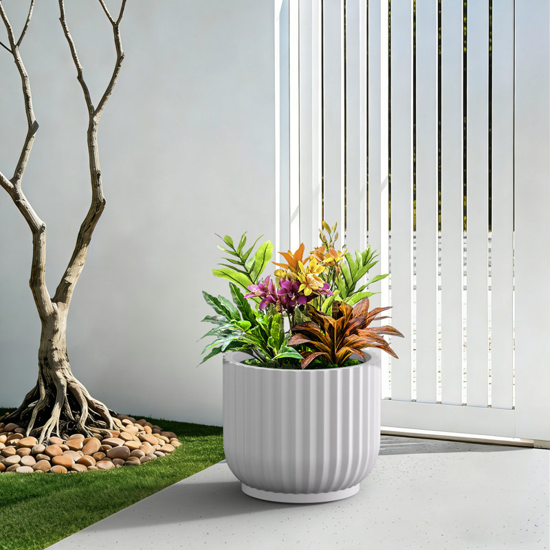14 in. Medium Pearl White(Upgraded Interior) Concrete Round Planter / Pot Ribbed Design Planter with Drainage Hole