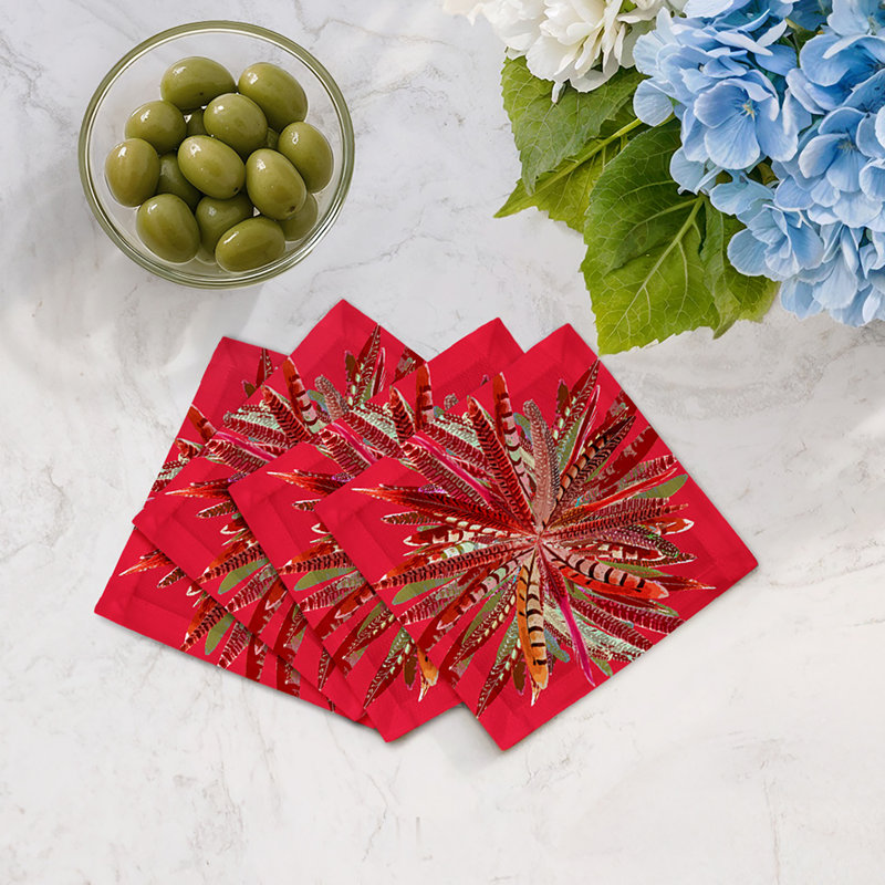 Serviettes de cocktail en satin de coton Pheasant Feathers, Rouge