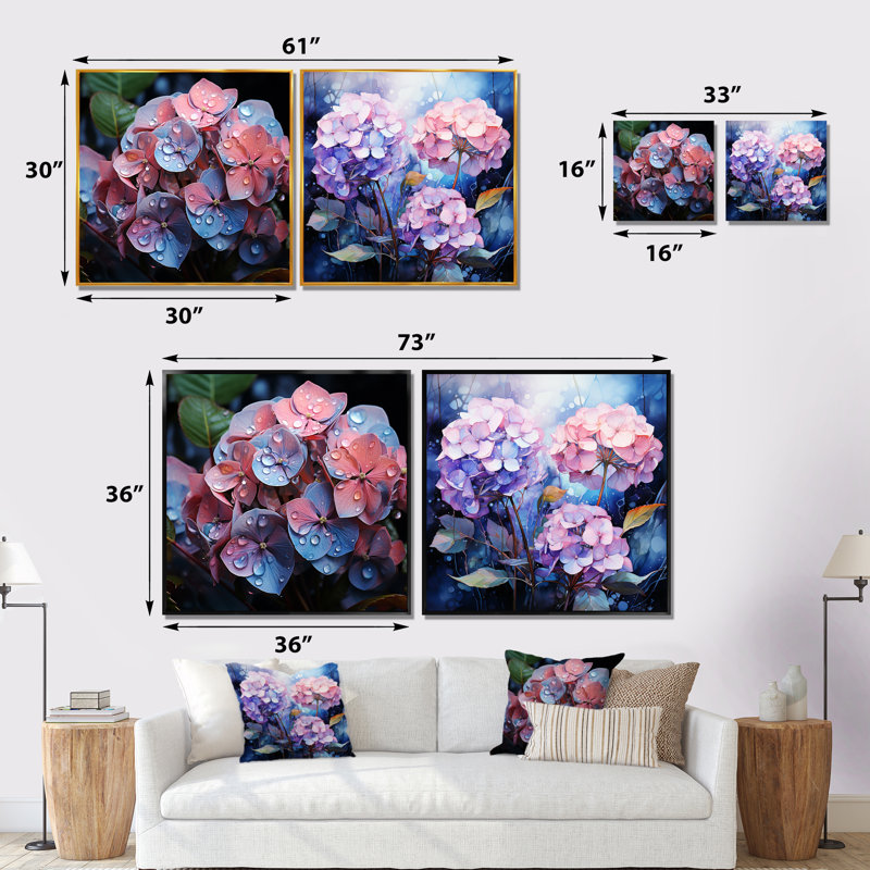 Hortensia rose et bleu, floraison symphonique - ensemble de 2 collages floraux carrés, Cadre flottant brun, H 16 po x l 33 po