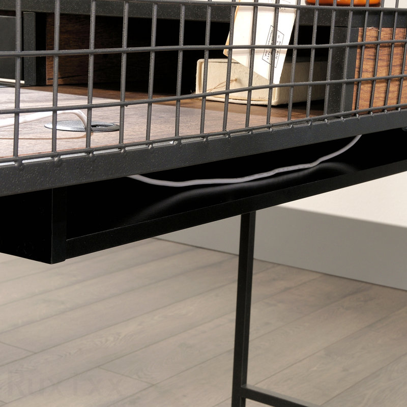Bureau industriel en L avec 2 tiroirs et tablettes, finition brune