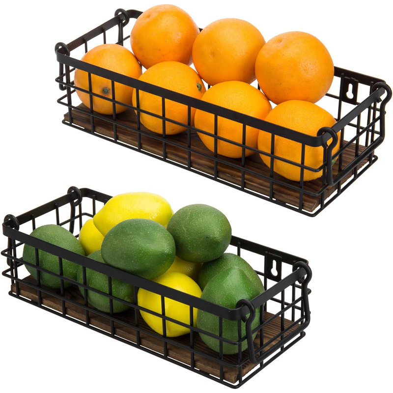 Wall Mounted Or Tabletop Rustic Black Metal Wire And Burnt Wood Small Decorative Storage Baskets With Handles