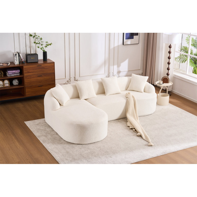 Chumenti Fabric Upholstered Boneless Curved L-Shape Sofa, 28" H x 99" W x 23" D, White Chenille