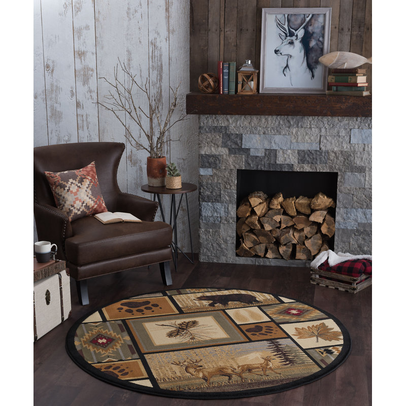 Tapis brun et beige de style Sud-Ouest, Rond 5 pi 3 po