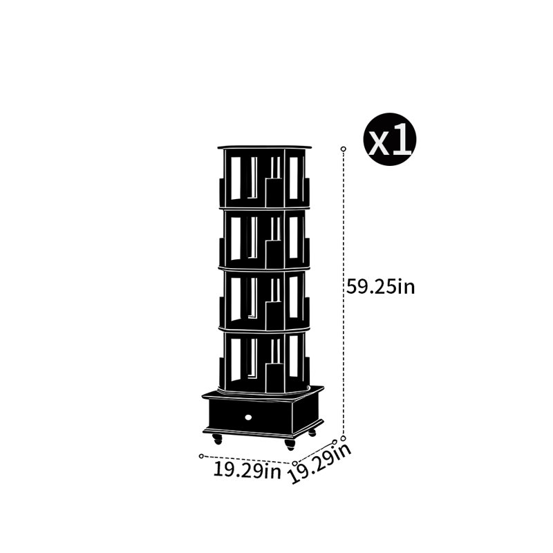 Bibliothèque rotative de style moderne, (4 tablettes) H 59,25 po x l 19,29 po x P 19,29 po, Rose