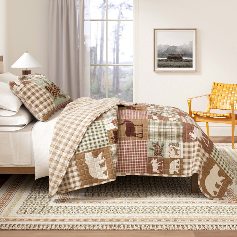 Ensemble de courtepointe réversible en microfibre Lodge Woodland and Patchwork, Pruche verte / brun nature