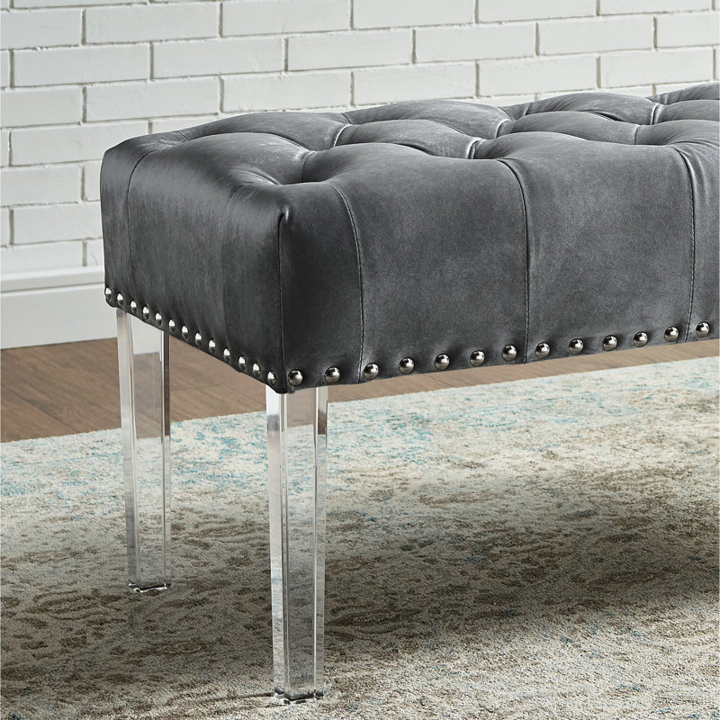 Banc rembourré en velours gris avec pieds robustes en acrylique
