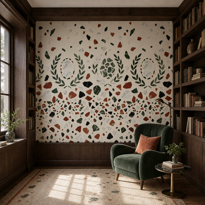 Papier peint terrazzo, couronne de laurier, fresque murale romaine classique, 120"x96", Non-Woven Nonpasted