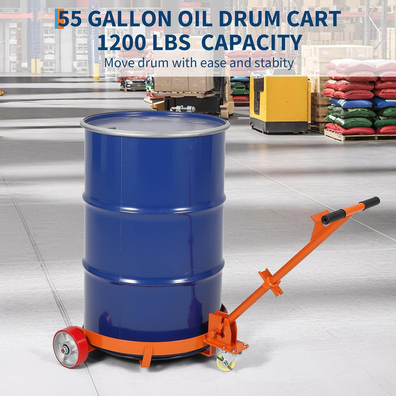 Chariot à tambour de 55 gallons, chariot à huile d'une capacité de 1 200 livres avec 1 roue pivotante et 2 roues fixes en polyuréthane, poignée qui économise la main-d'œuvre, pour les ateliers et les entrepôts