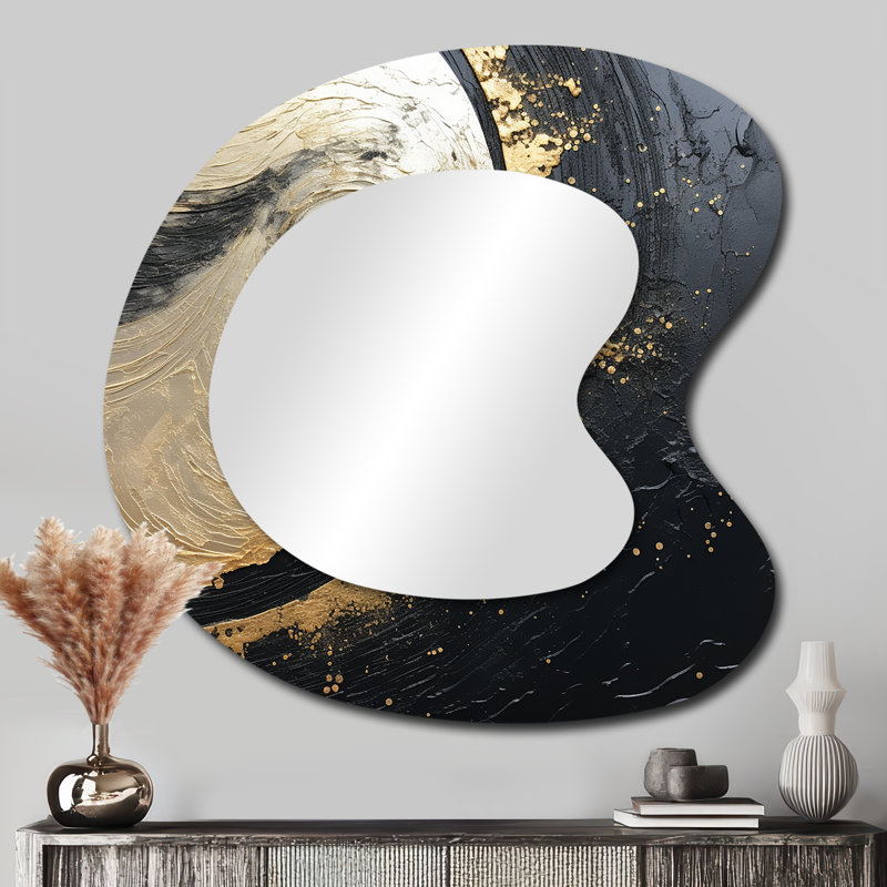 Gabryell Black And Gold Abstract Meditation III - Abstract Painting Asymmetrical Wall Mirror, Beige Irregular Shape Decorative Mirror, Printed Metal Art